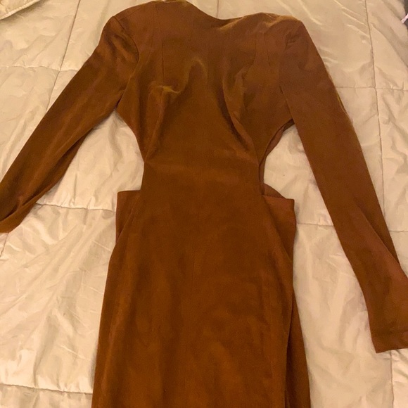 House of CB London Brown Suede Maxi Dress High Neck Cutout Slit Tan Zipper back - Picture 11 of 17